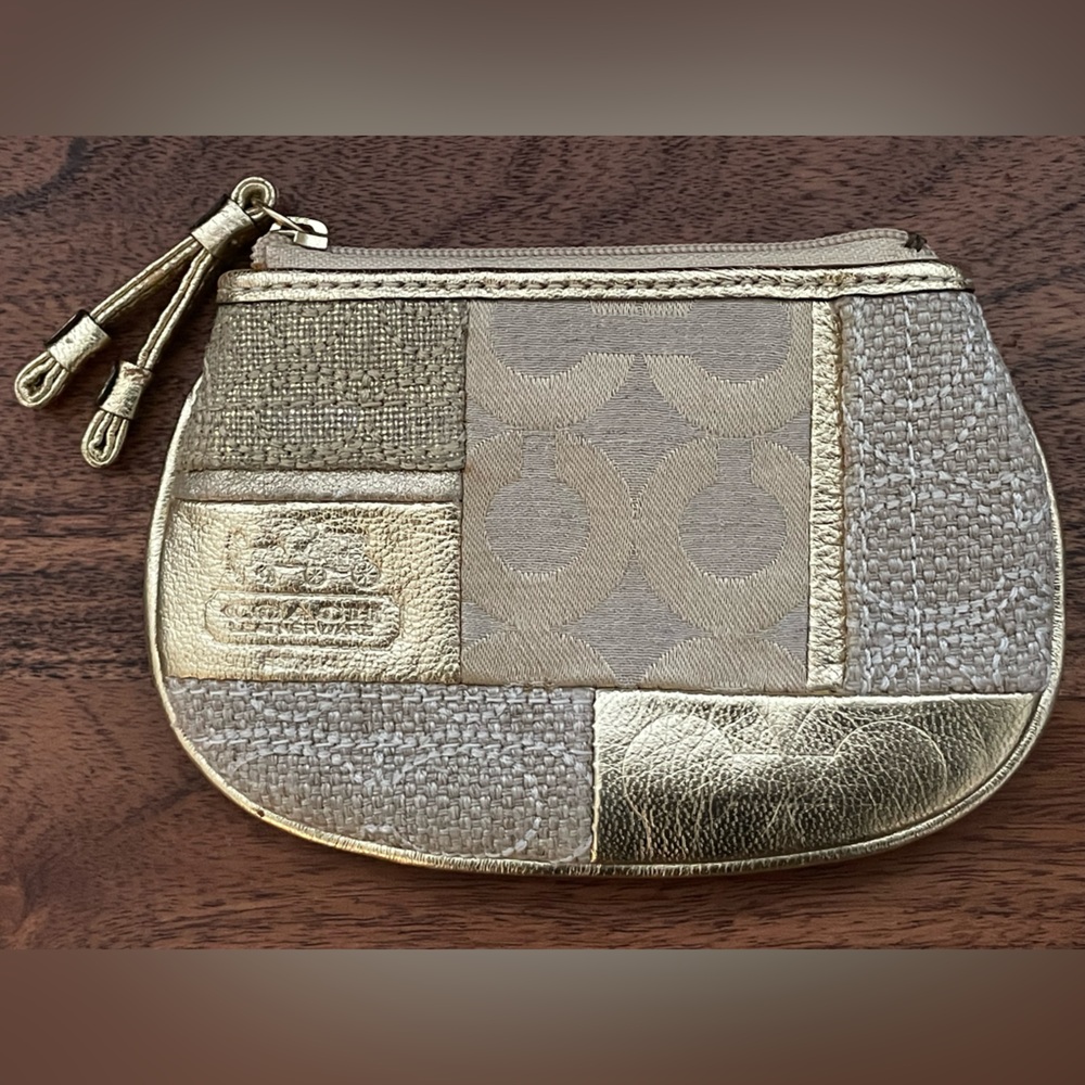 COACH Gold Metallic Leather and Khaki Patchwork Coin Purse 42676